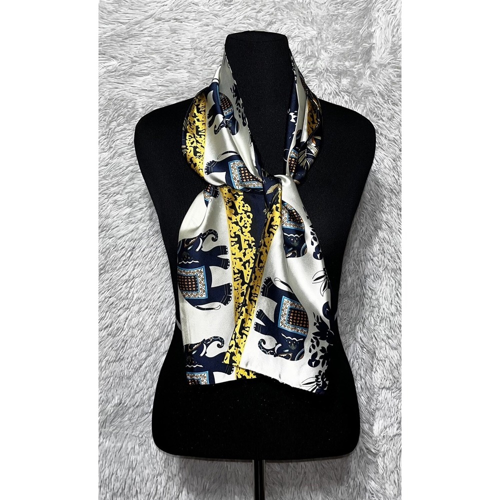 Women Elephants Print Scarf Blue Yellow Silk Feel Neckerchief Head Wrap Bandana